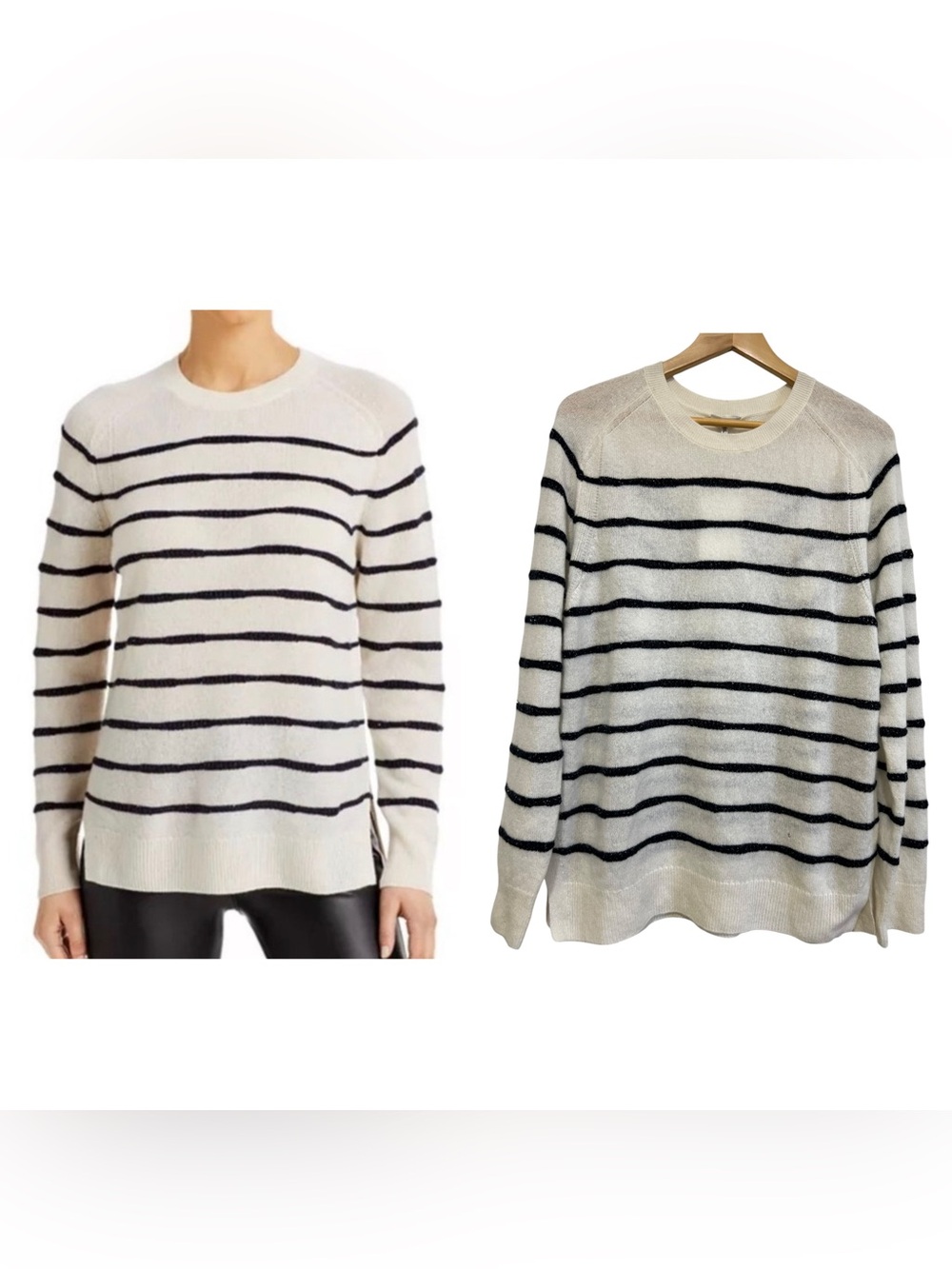 Lafayette 148 Metallic Stripe Crewneck Sweater Cashmere Silk Blend White/Navy XL